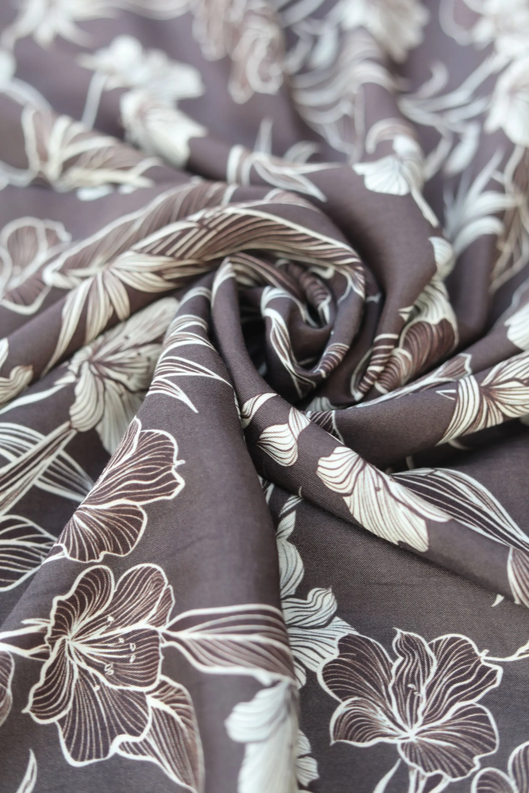 Deep Taupe Floral Printed Natural Muslin Silk Fabric