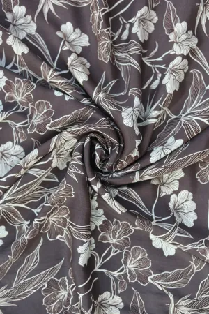 Deep Taupe Floral Printed Natural Muslin Silk Fabric