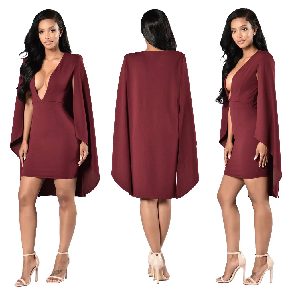 Deep V-neck Bodycon Pure Color Cap Dress