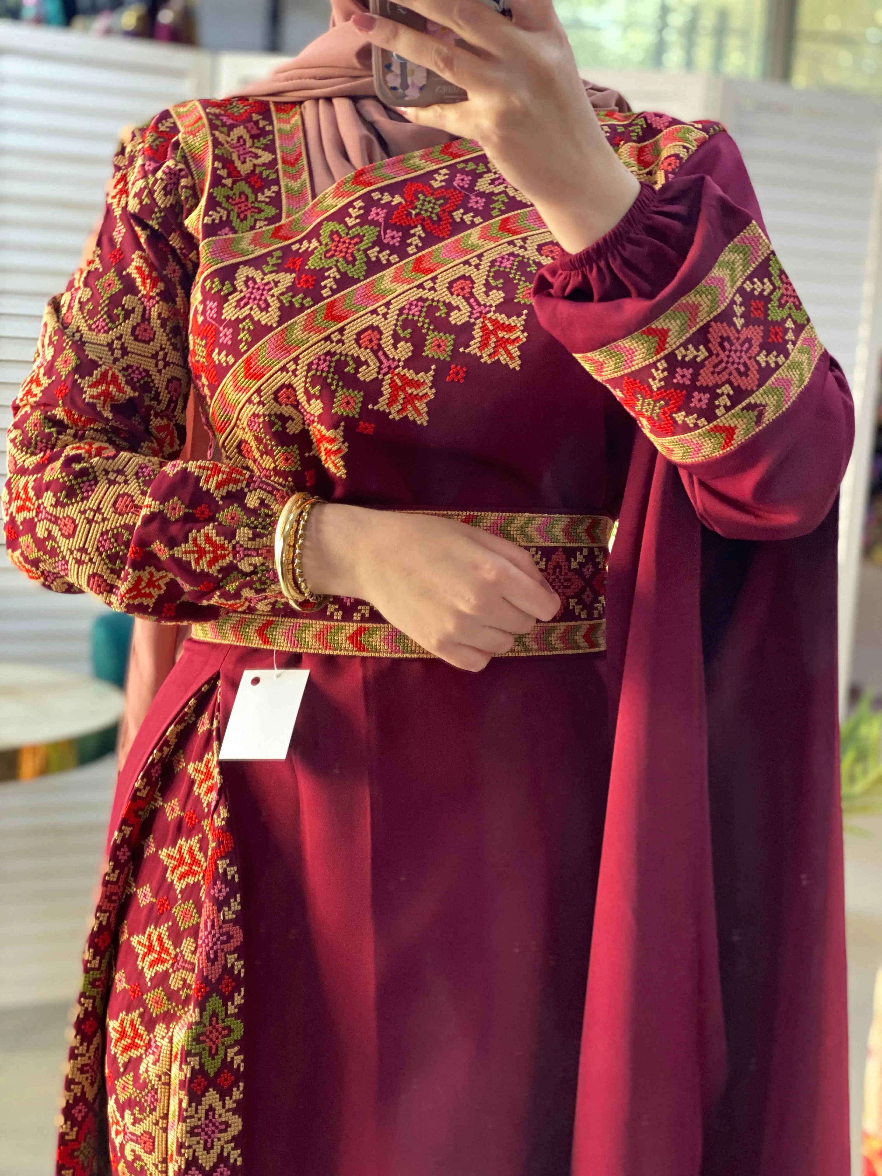 Elegant Burgundy Shoulder Details Embroidered Dress