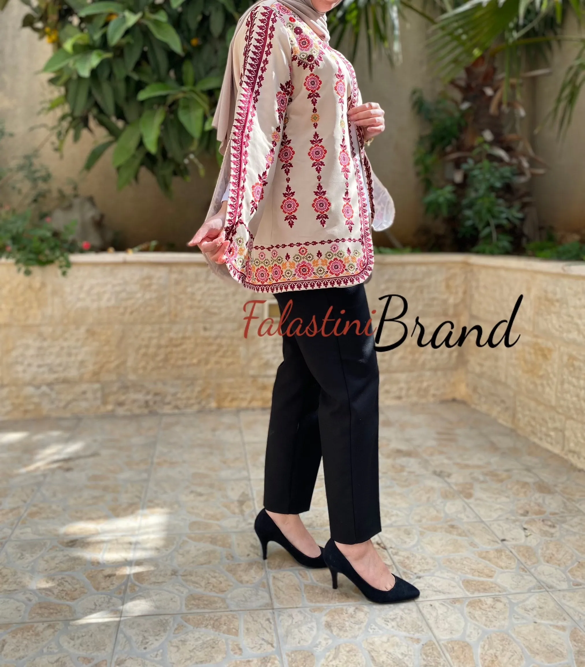 Elegant Floral Palestinian Beige Embroidered Jacket