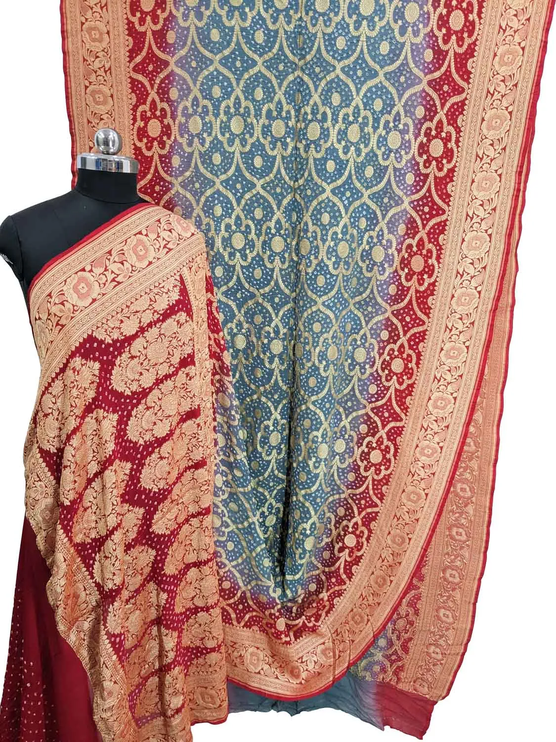 Elegant Red & Grey Banarasi Bandhani Georgette Saree: A Stunning Masterpiece