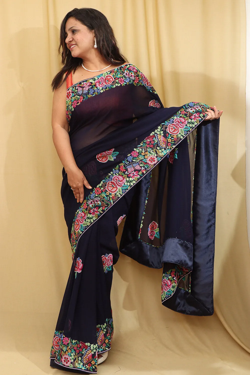 Exquisite Blue Hand Embroidered Parsi Gara Georgette Petit Point Saree