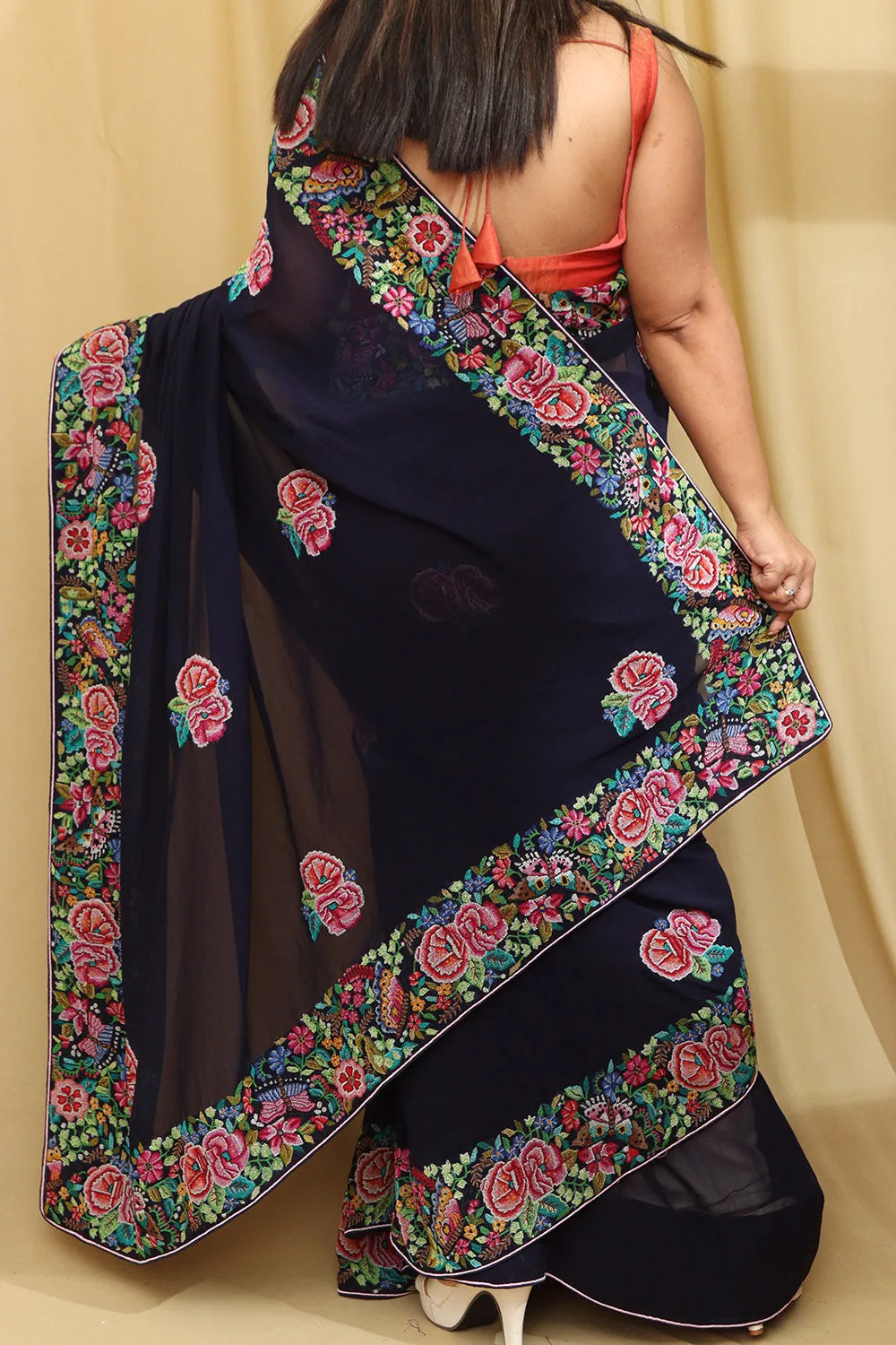 Exquisite Blue Hand Embroidered Parsi Gara Georgette Petit Point Saree