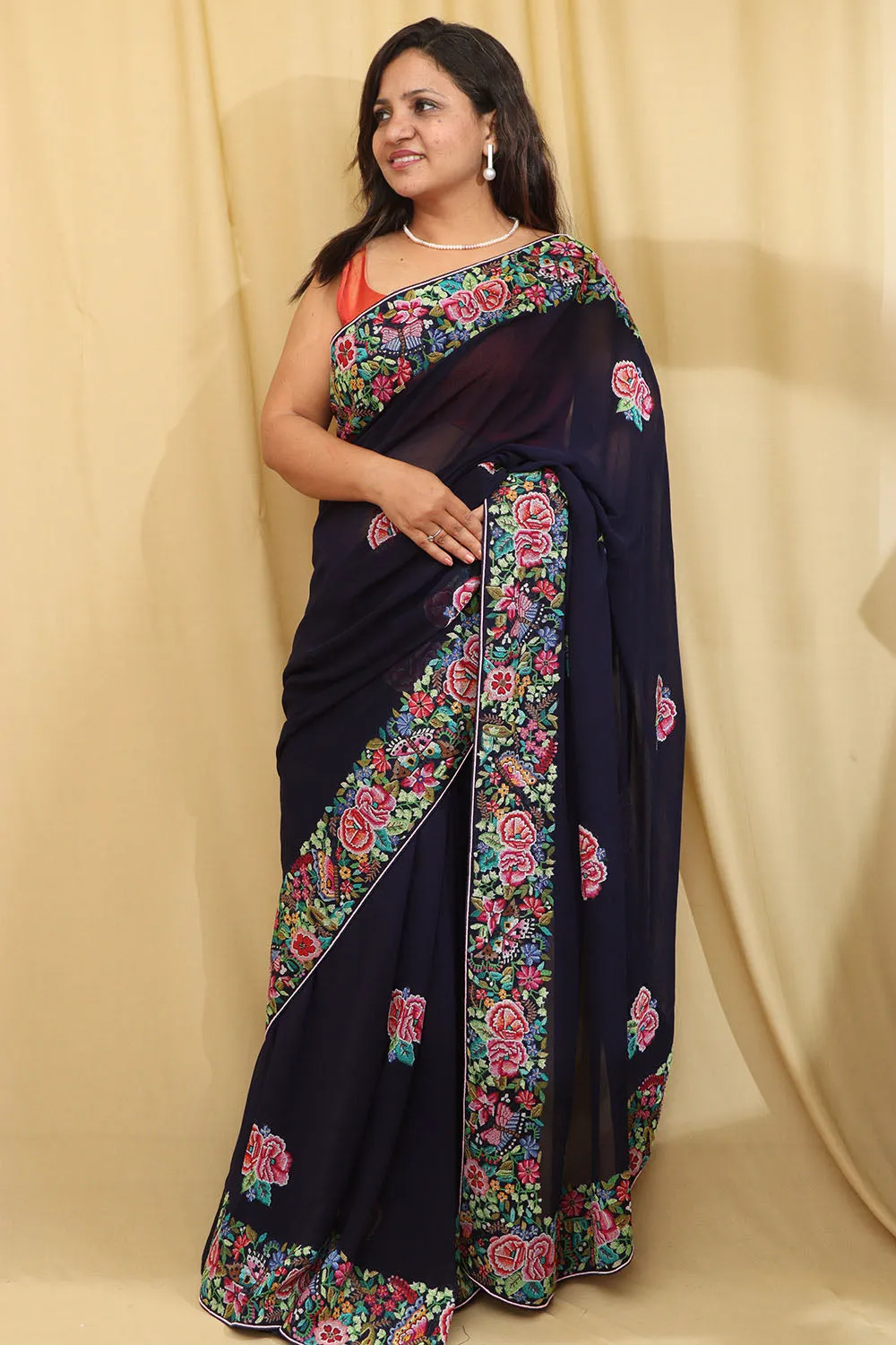 Exquisite Blue Hand Embroidered Parsi Gara Georgette Petit Point Saree