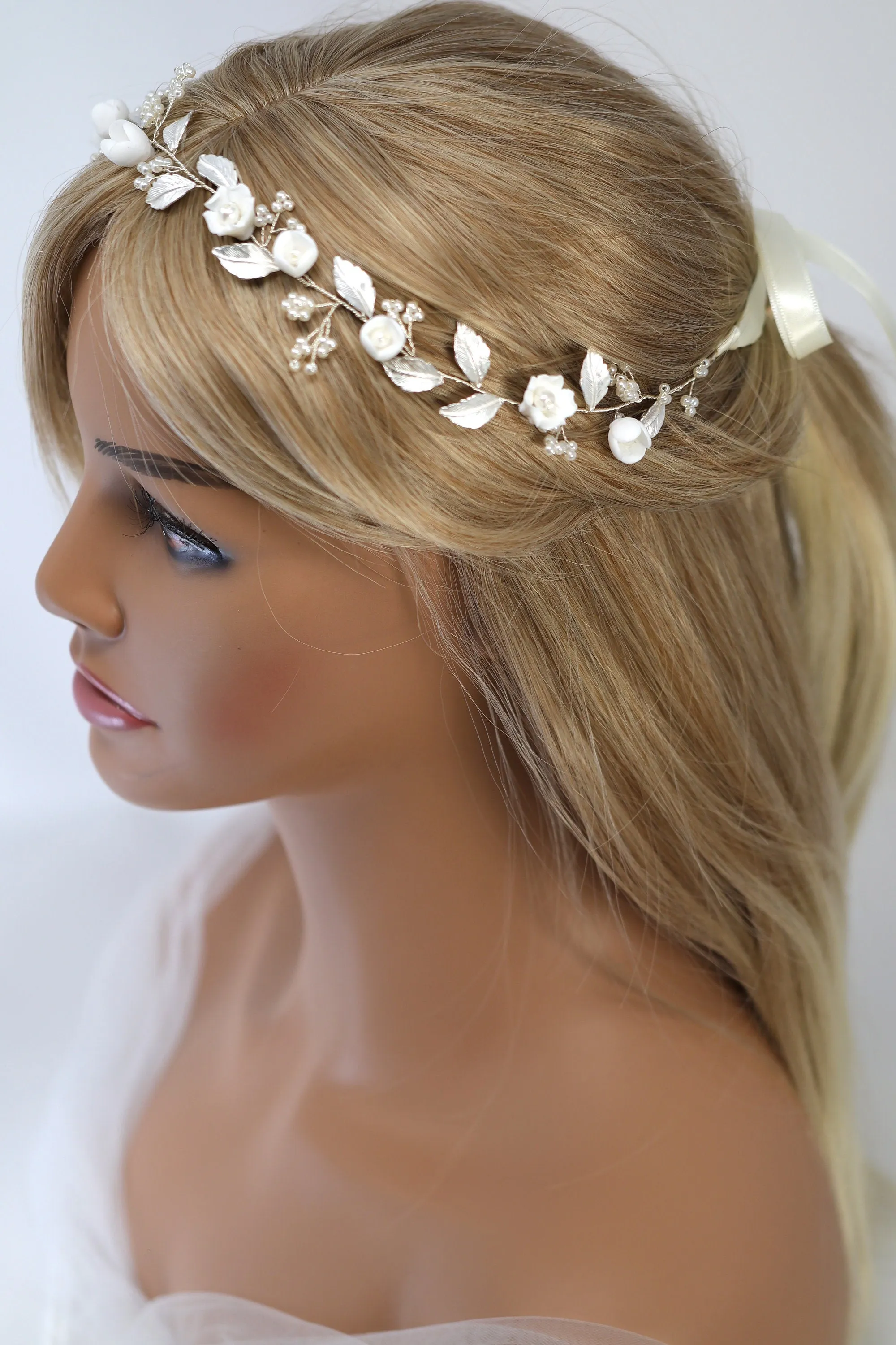 Faux Pearl Porcelain Ceramic White Flower Pearl Bridal Headband, Bridal Hair Vine, Delicate Headband, Hair accessories.