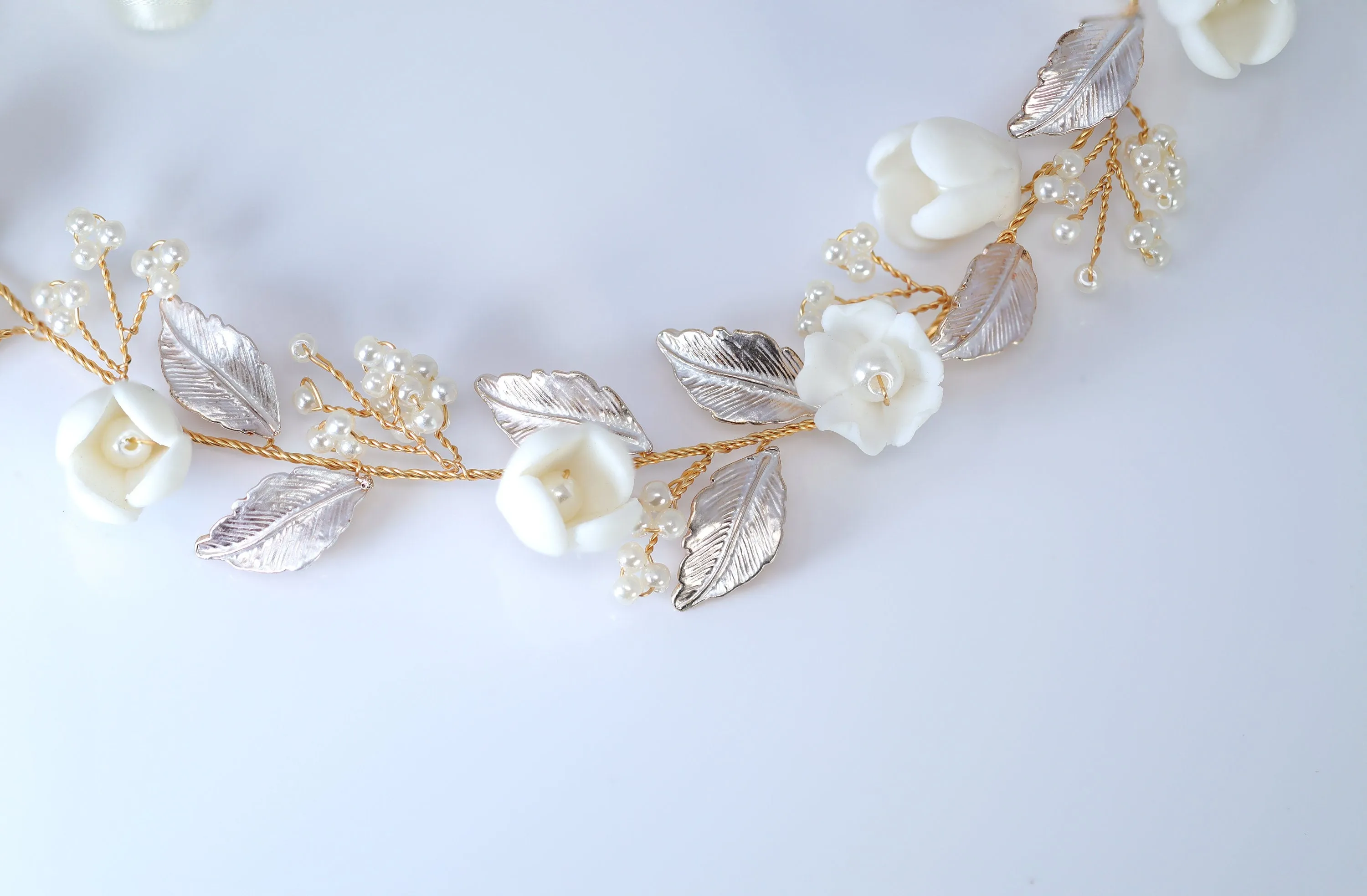 Faux Pearl Porcelain Ceramic White Flower Pearl Bridal Headband, Bridal Hair Vine, Delicate Headband, Hair accessories.