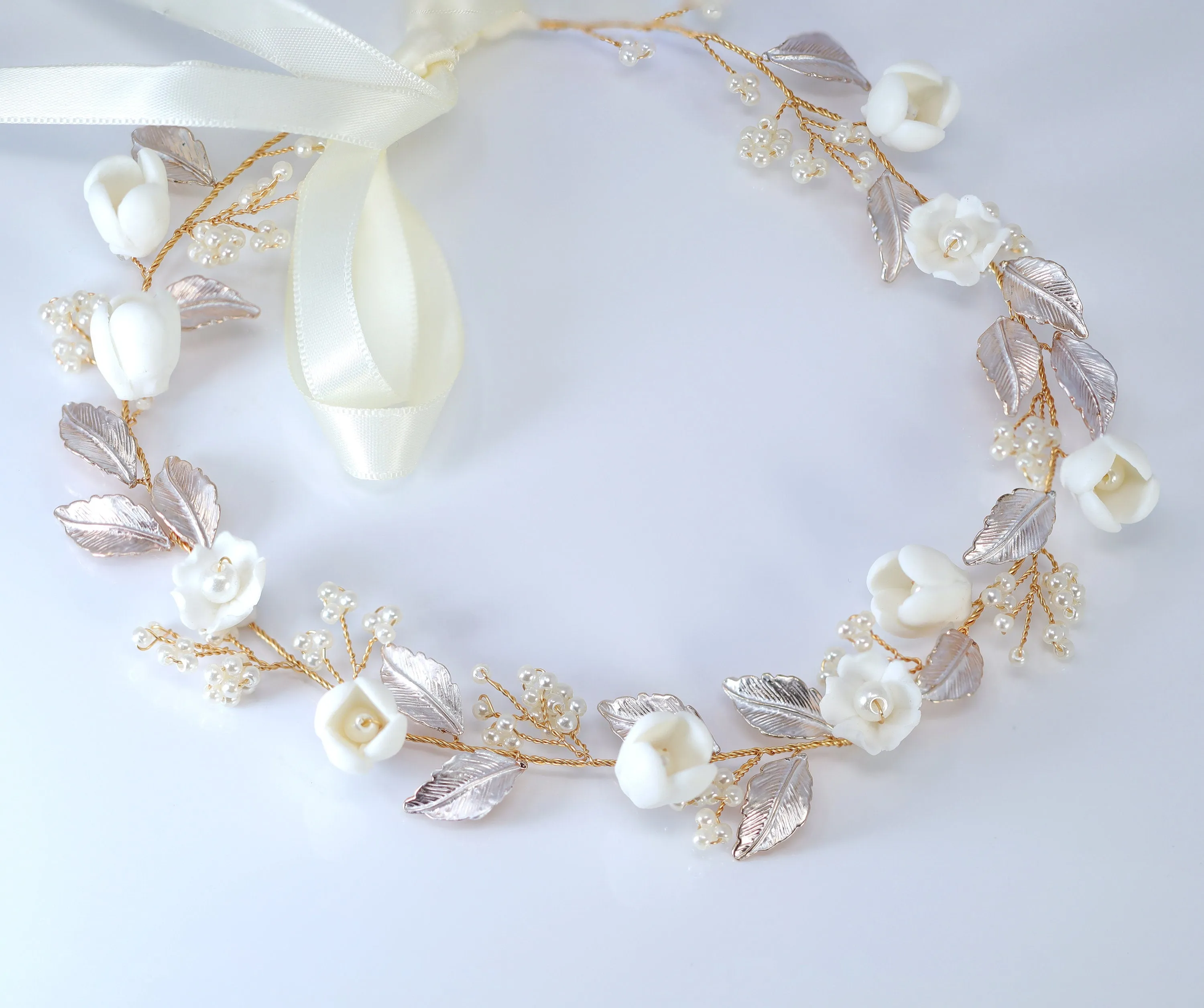 Faux Pearl Porcelain Ceramic White Flower Pearl Bridal Headband, Bridal Hair Vine, Delicate Headband, Hair accessories.