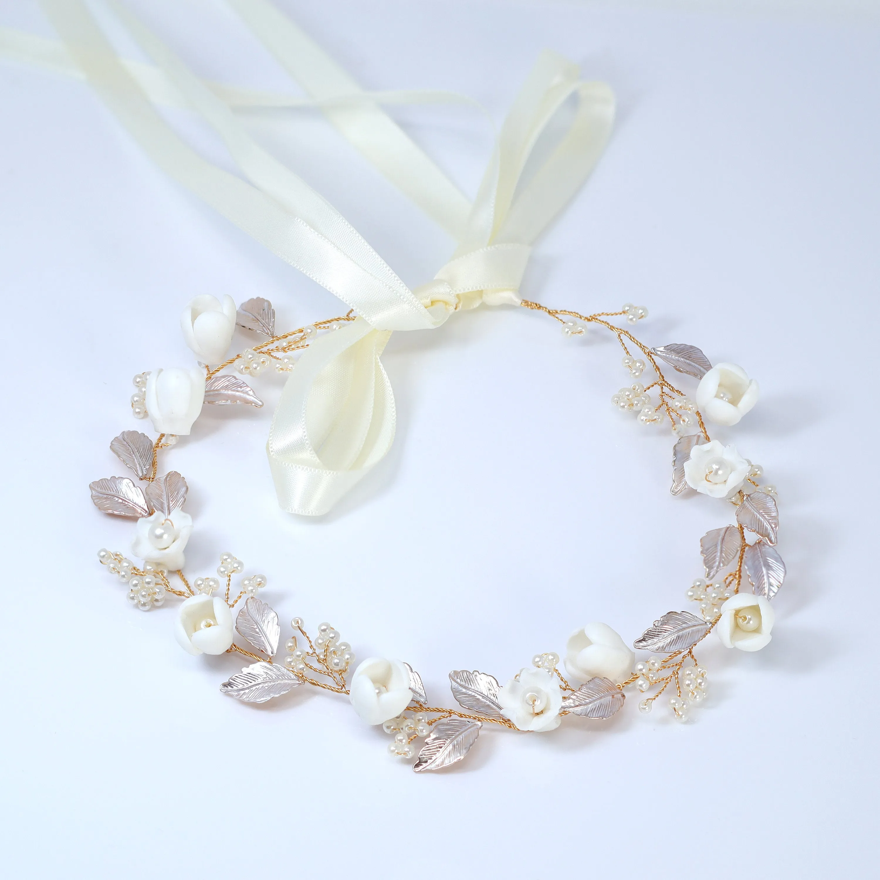 Faux Pearl Porcelain Ceramic White Flower Pearl Bridal Headband, Bridal Hair Vine, Delicate Headband, Hair accessories.