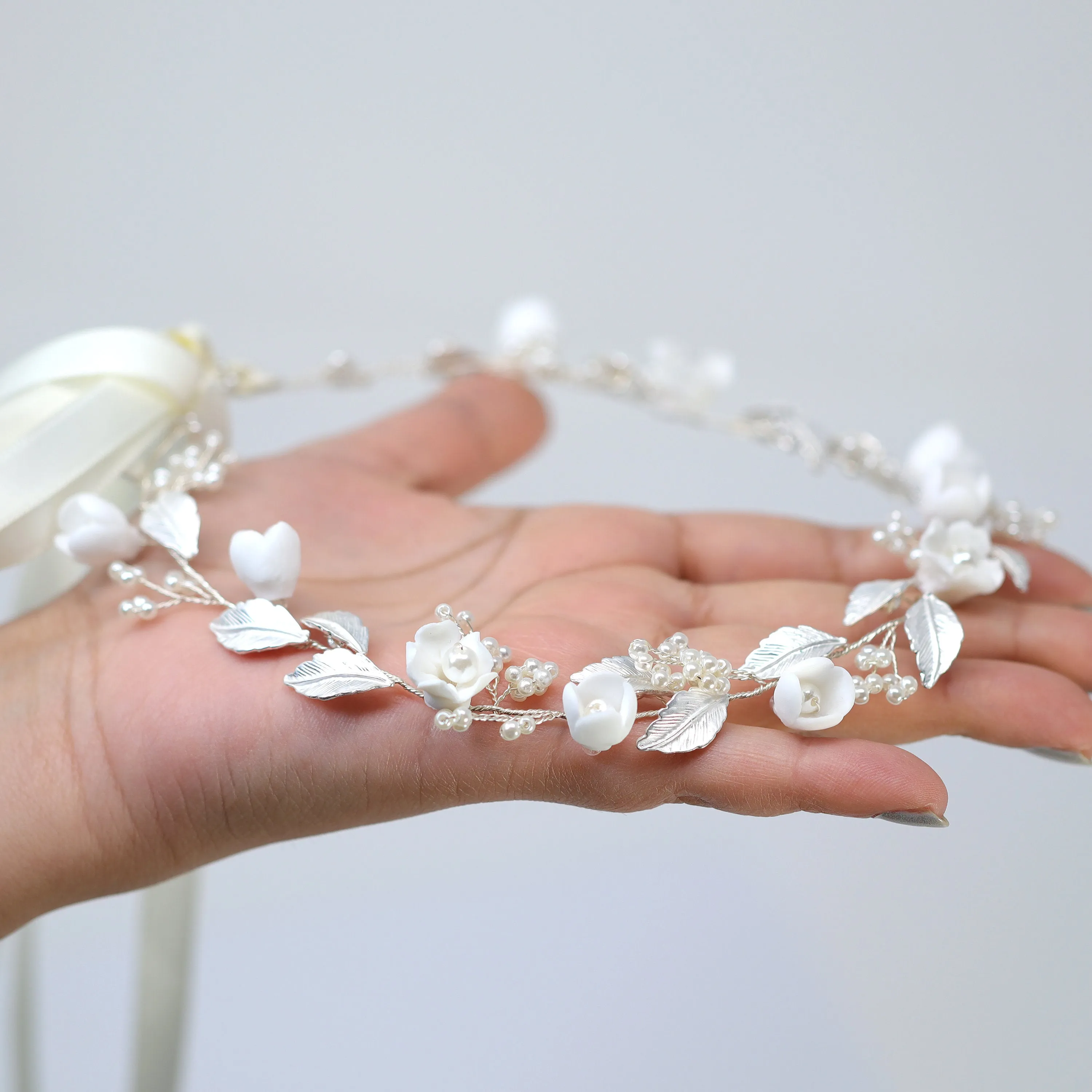 Faux Pearl Porcelain Ceramic White Flower Pearl Bridal Headband, Bridal Hair Vine, Delicate Headband, Hair accessories.