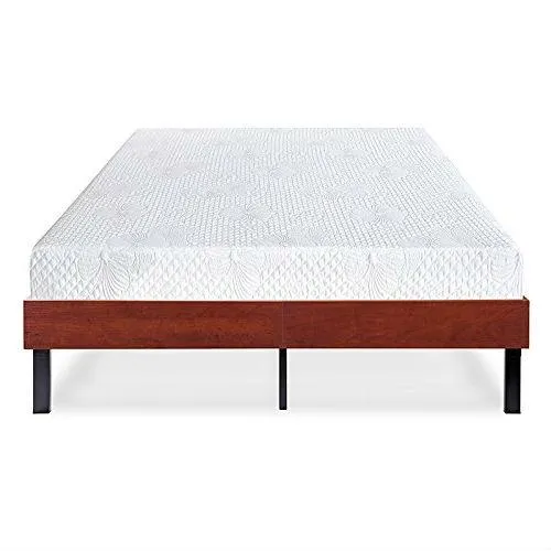 Full size Sturdy Metal Platform Bed Frame with Cherry Finish Wood Sides