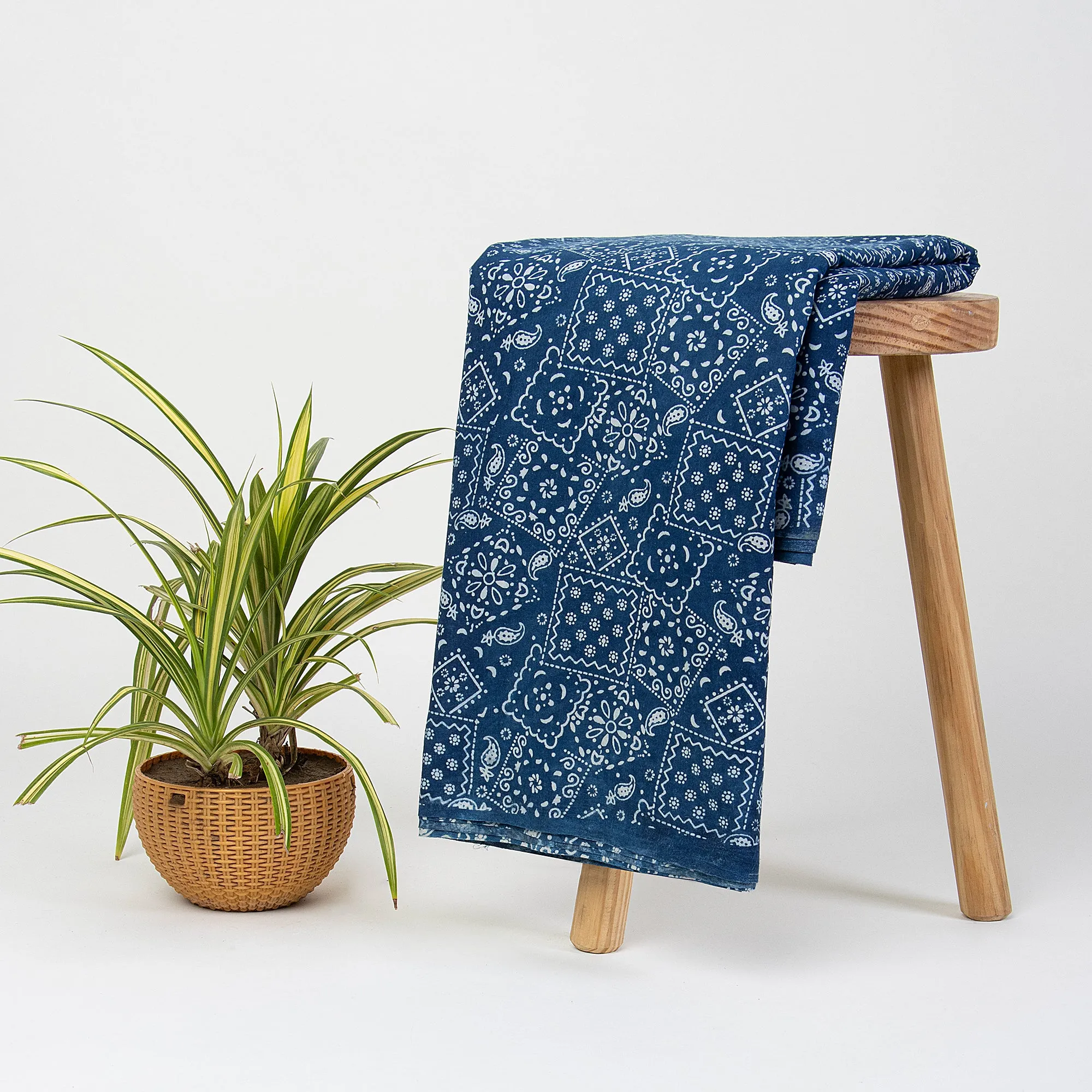 Geometrical Hand Block Printed Pure Cotton Indigo Fabric