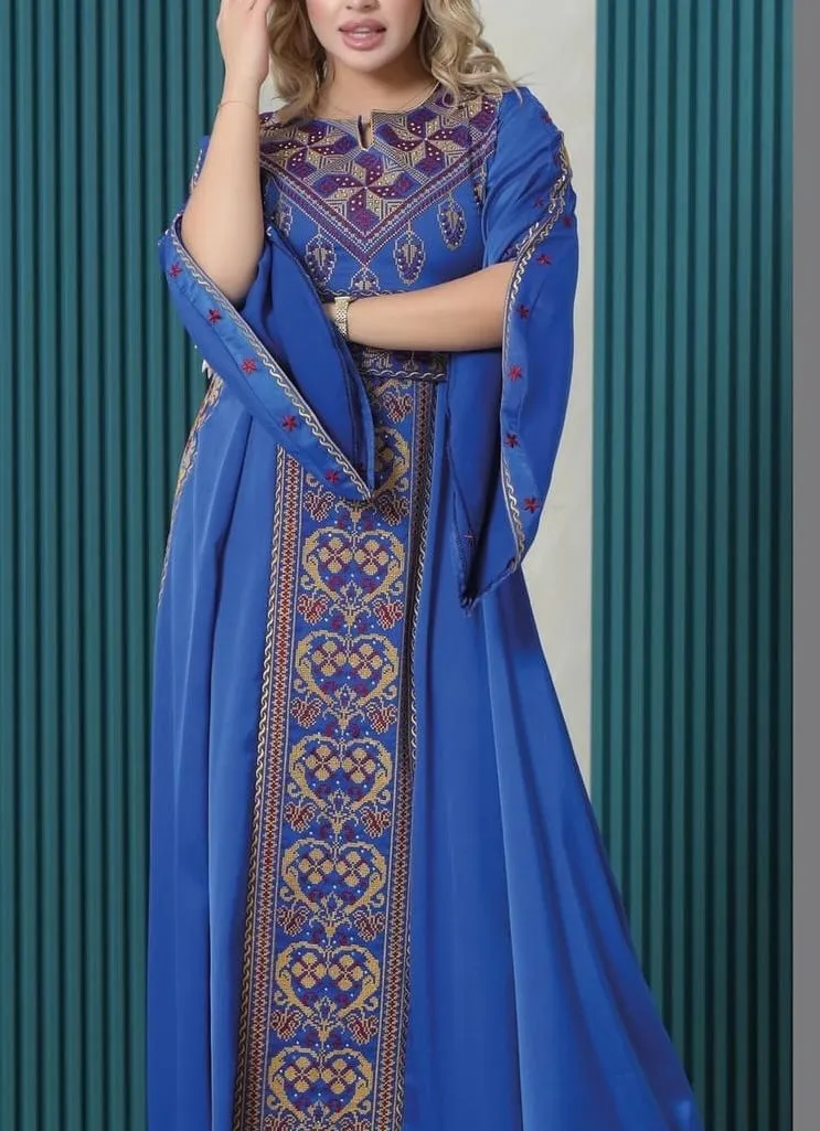 Gorgeous Blue Satin  Dress With Golden Embroidery