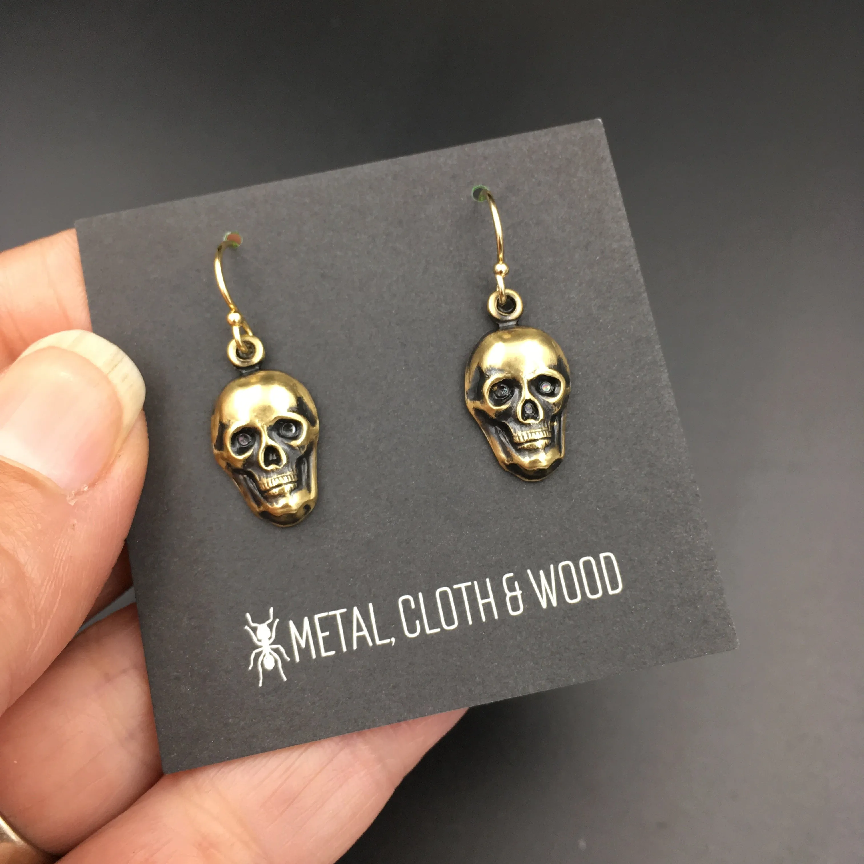 Gothic Handmade Brass & Gold Skull Dangle Earrings