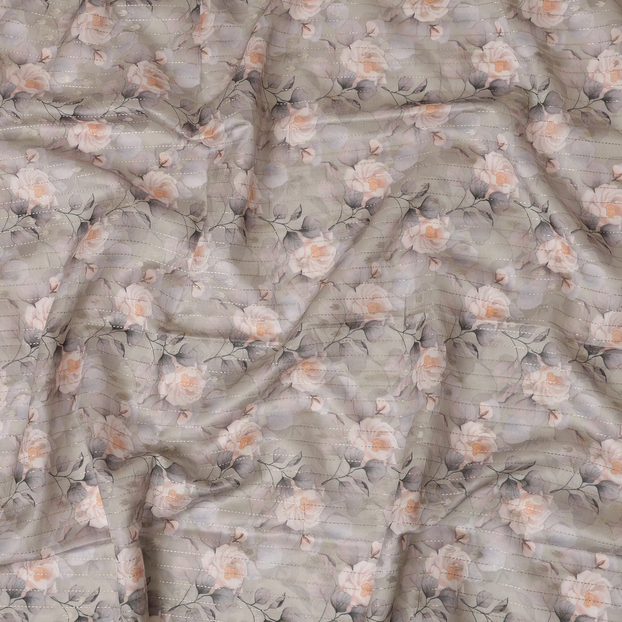 Gray Viscose Blended Fabric with Peach and White Floral Embroidery, 110 cm Width-D20446