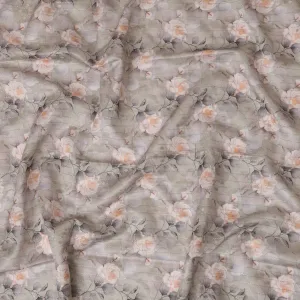 Gray Viscose Blended Fabric with Peach and White Floral Embroidery, 110 cm Width-D20446