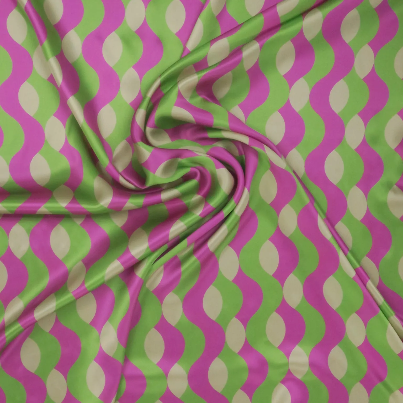 Green & Fuchsia Abstract Waves Printed Silk Charmeuse Fabric