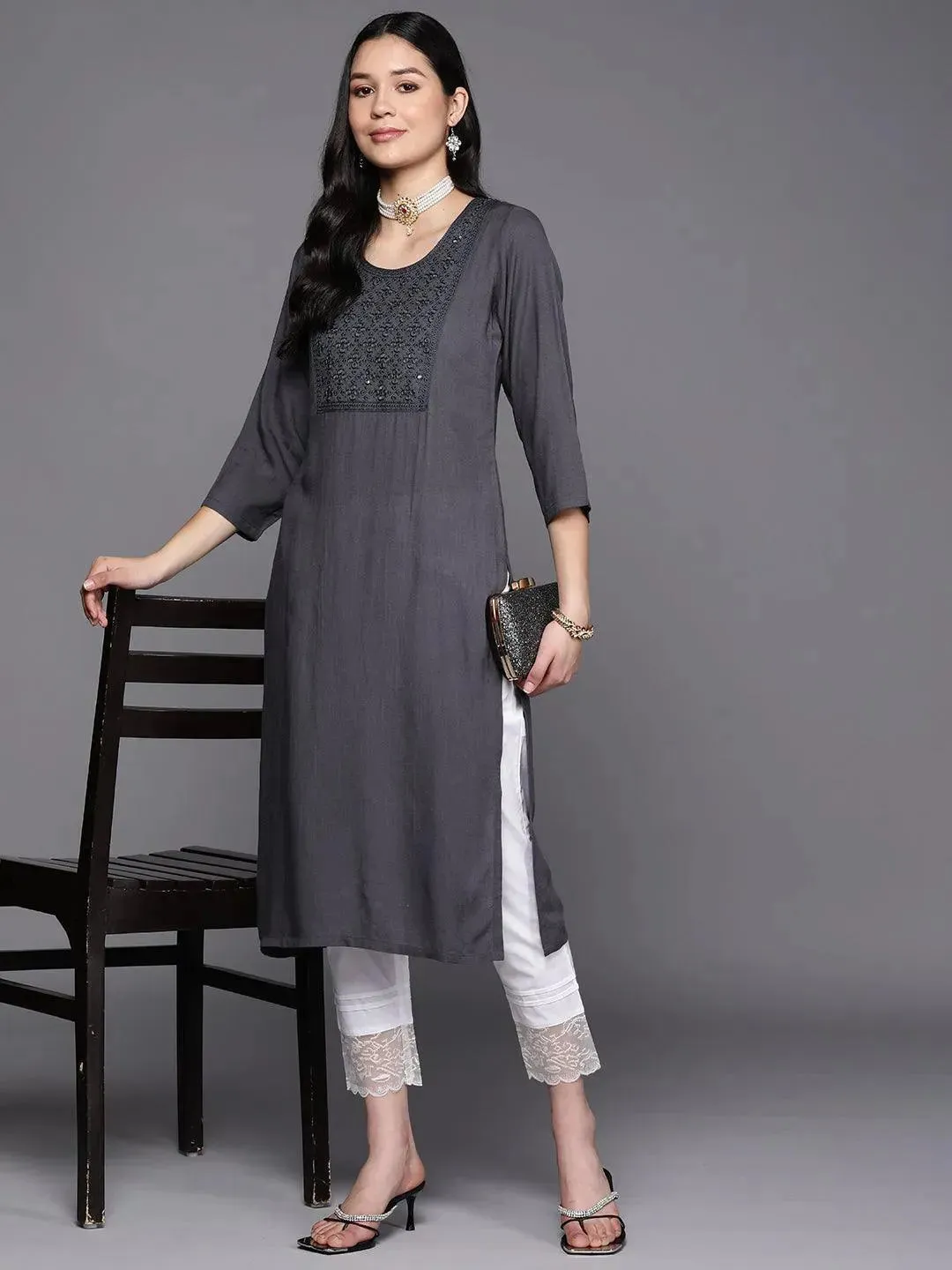 Grey Yoke Design Rayon Straight Kurta