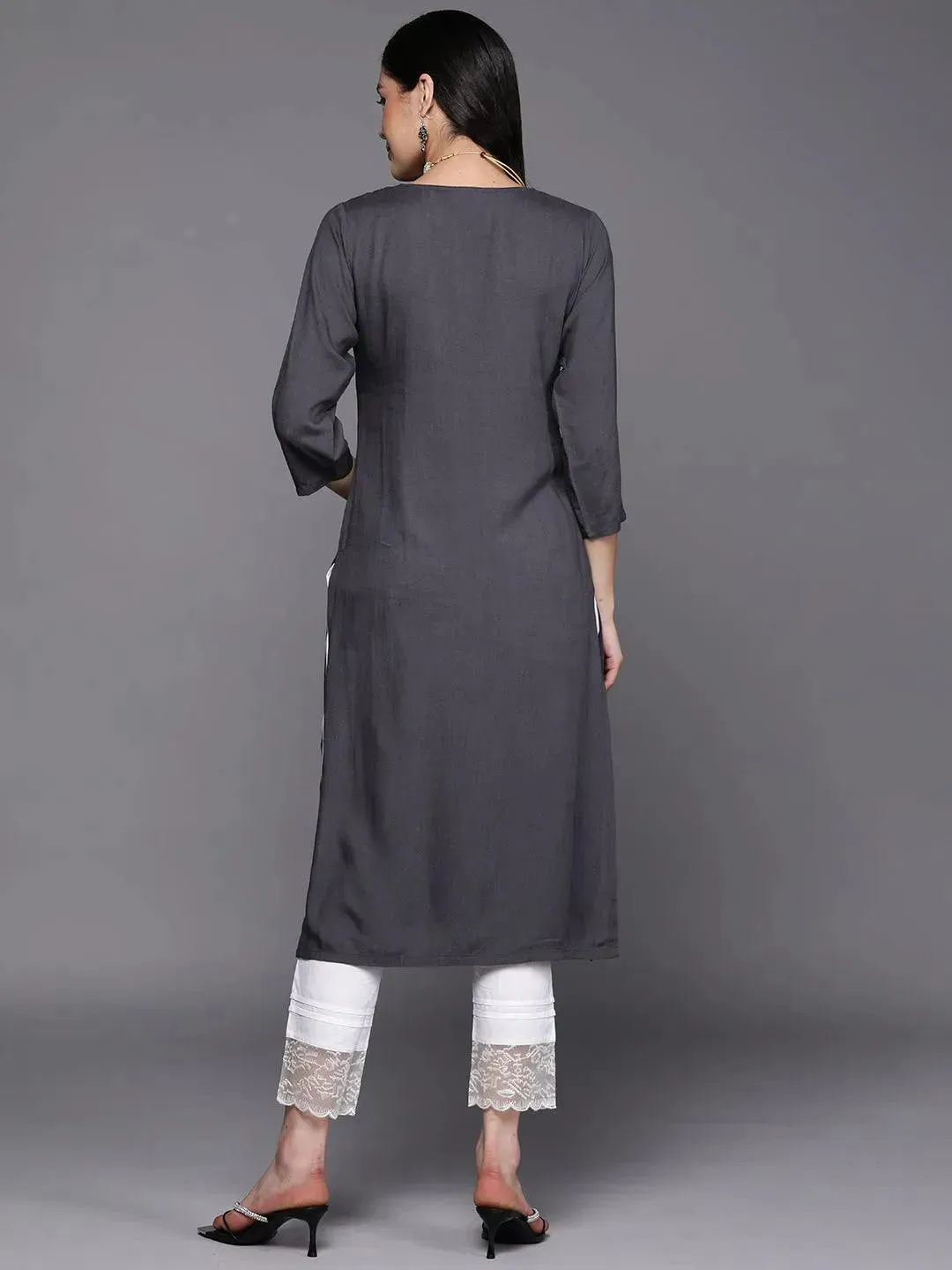 Grey Yoke Design Rayon Straight Kurta