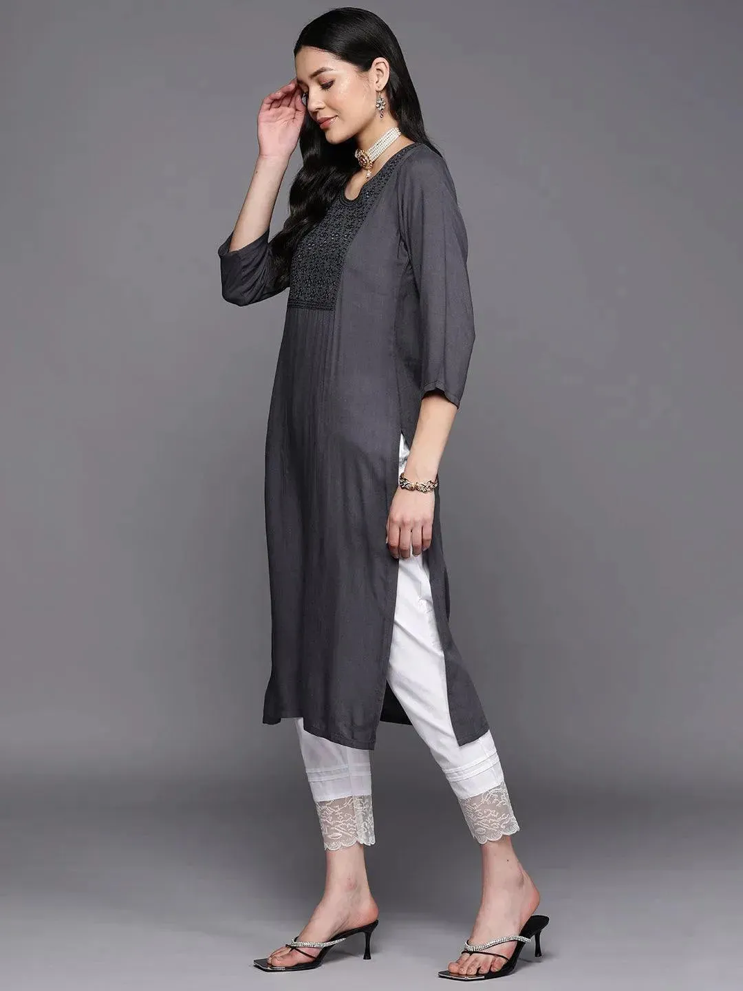 Grey Yoke Design Rayon Straight Kurta