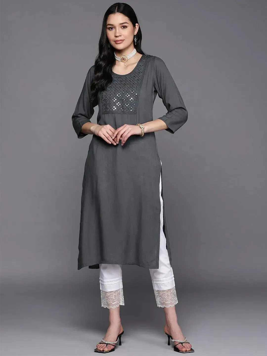 Grey Yoke Design Rayon Straight Kurta