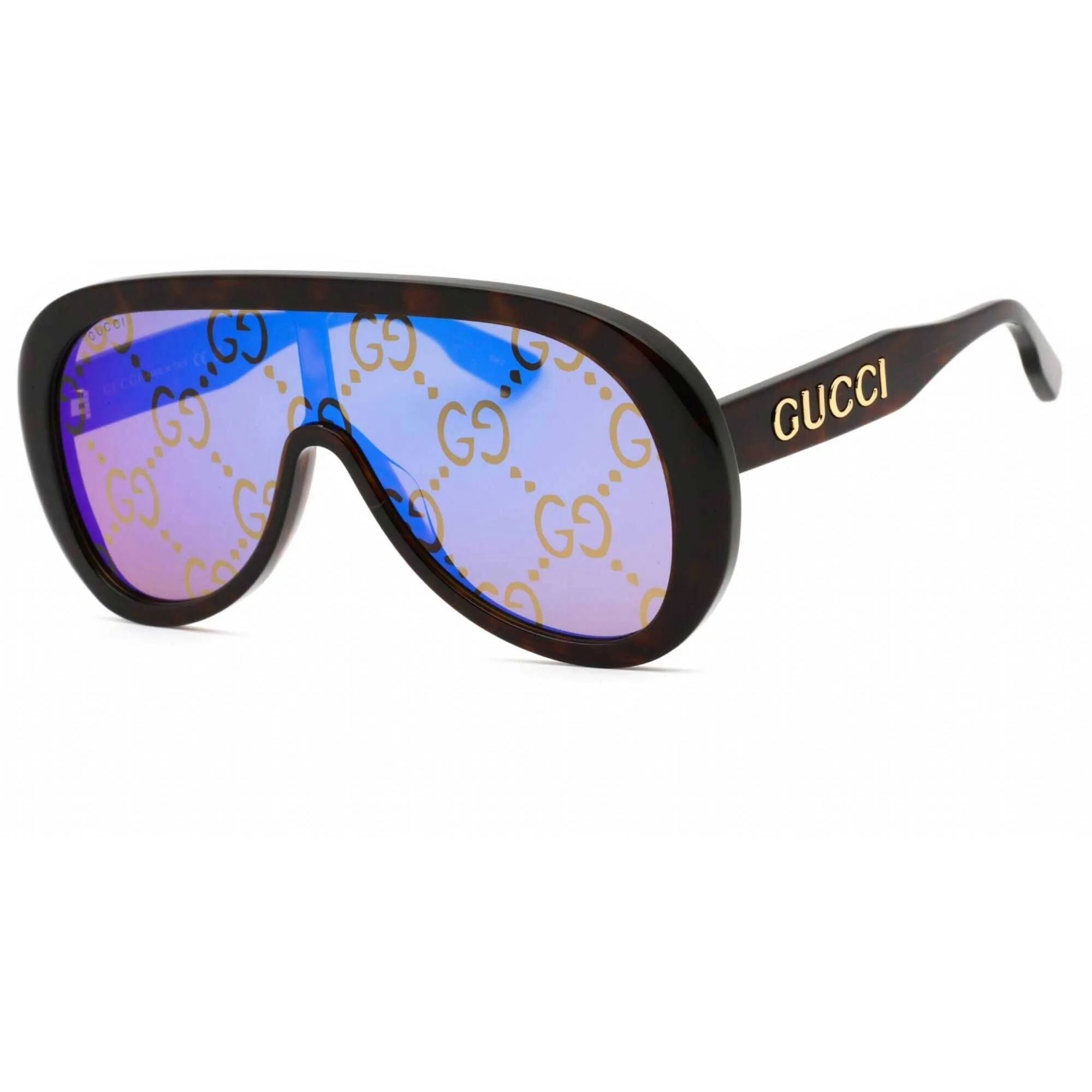 Gucci Men's Sunglasses - Havana Shield Full Rim Plastic Frame Blue Lens | GG1370S 002