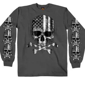 Hot Leathers GMS2391 Men’s ‘Flag Skull’ Long Sleeve Charcoal T-Shirt