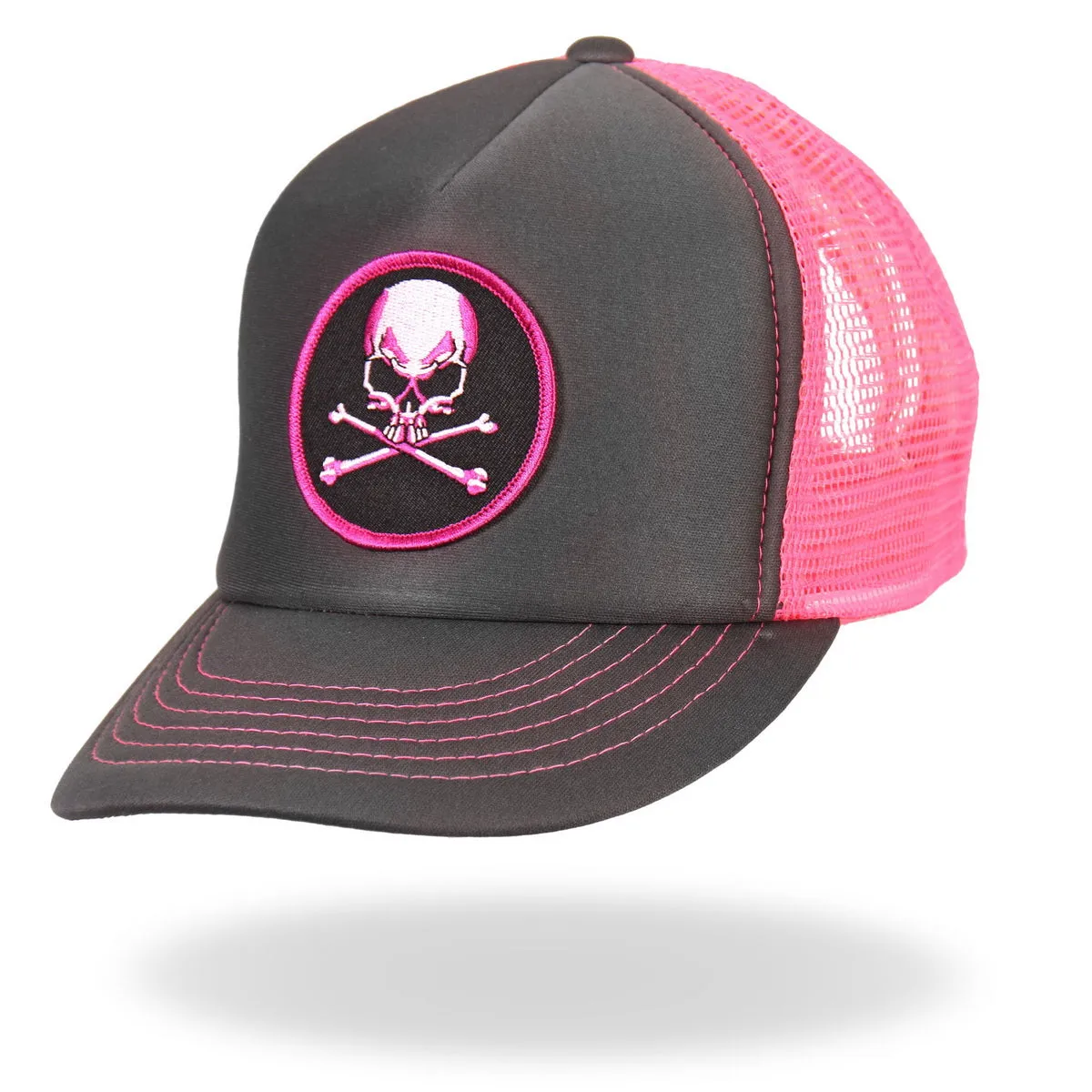 Hot Leathers GSH1011 Skull and Crossbones Grey and Pink Trucker Hat