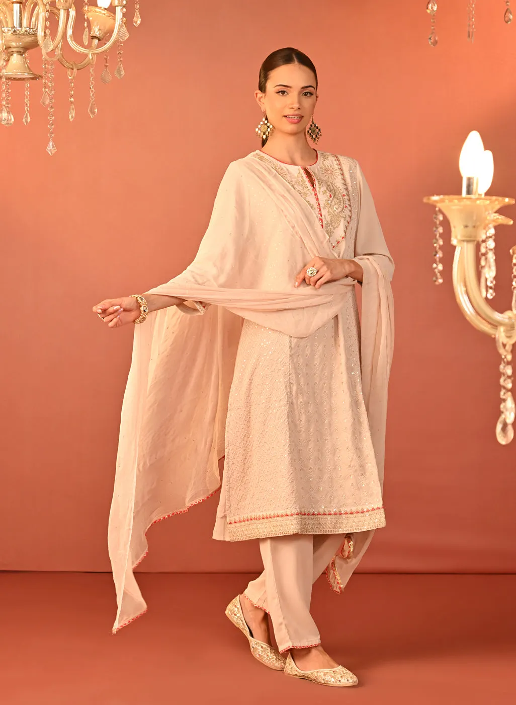 Jasleen Baby Pink Georgette Jacquard Embroidered Kurta Set for Women