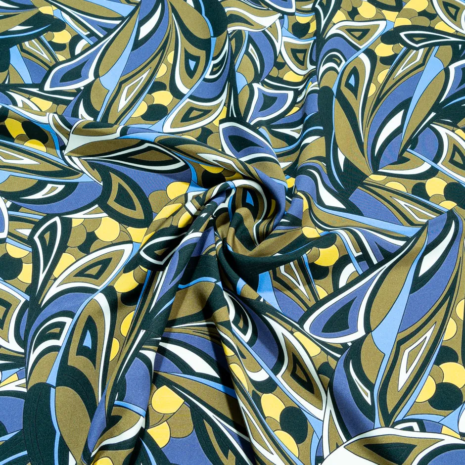 Khaki, Blue & Yellow Abstract Printed Silk Crêpe