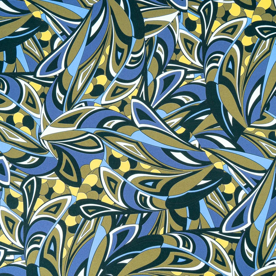 Khaki, Blue & Yellow Abstract Printed Silk Crêpe