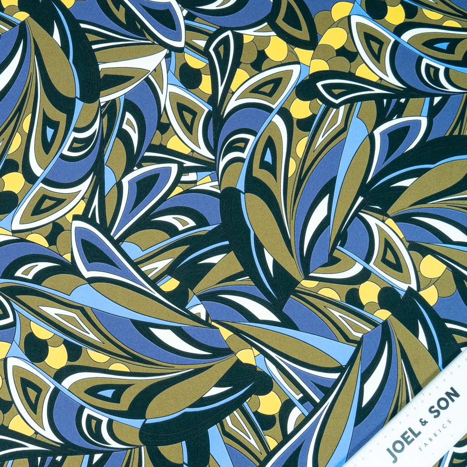 Khaki, Blue & Yellow Abstract Printed Silk Crêpe