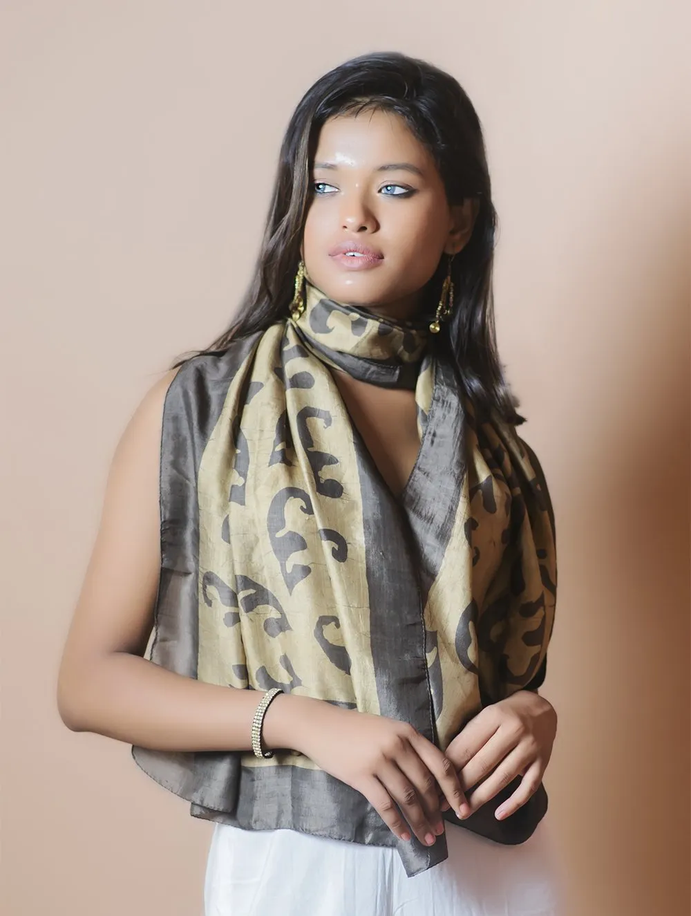 Light & Elegant Silk Batik Stole - Coffee Brown & Pale Brown