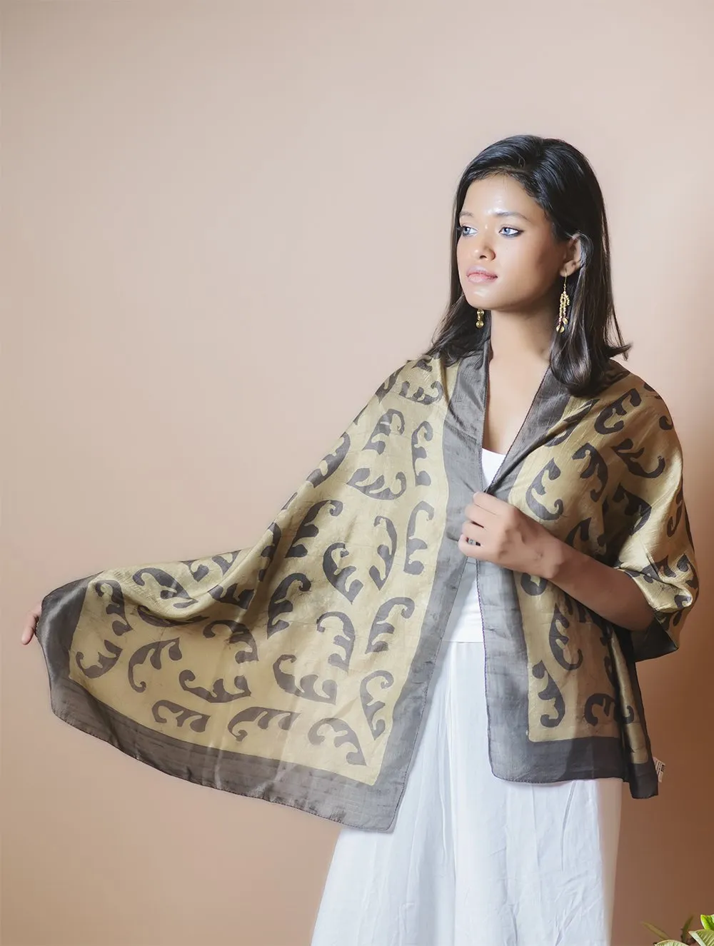 Light & Elegant Silk Batik Stole - Coffee Brown & Pale Brown