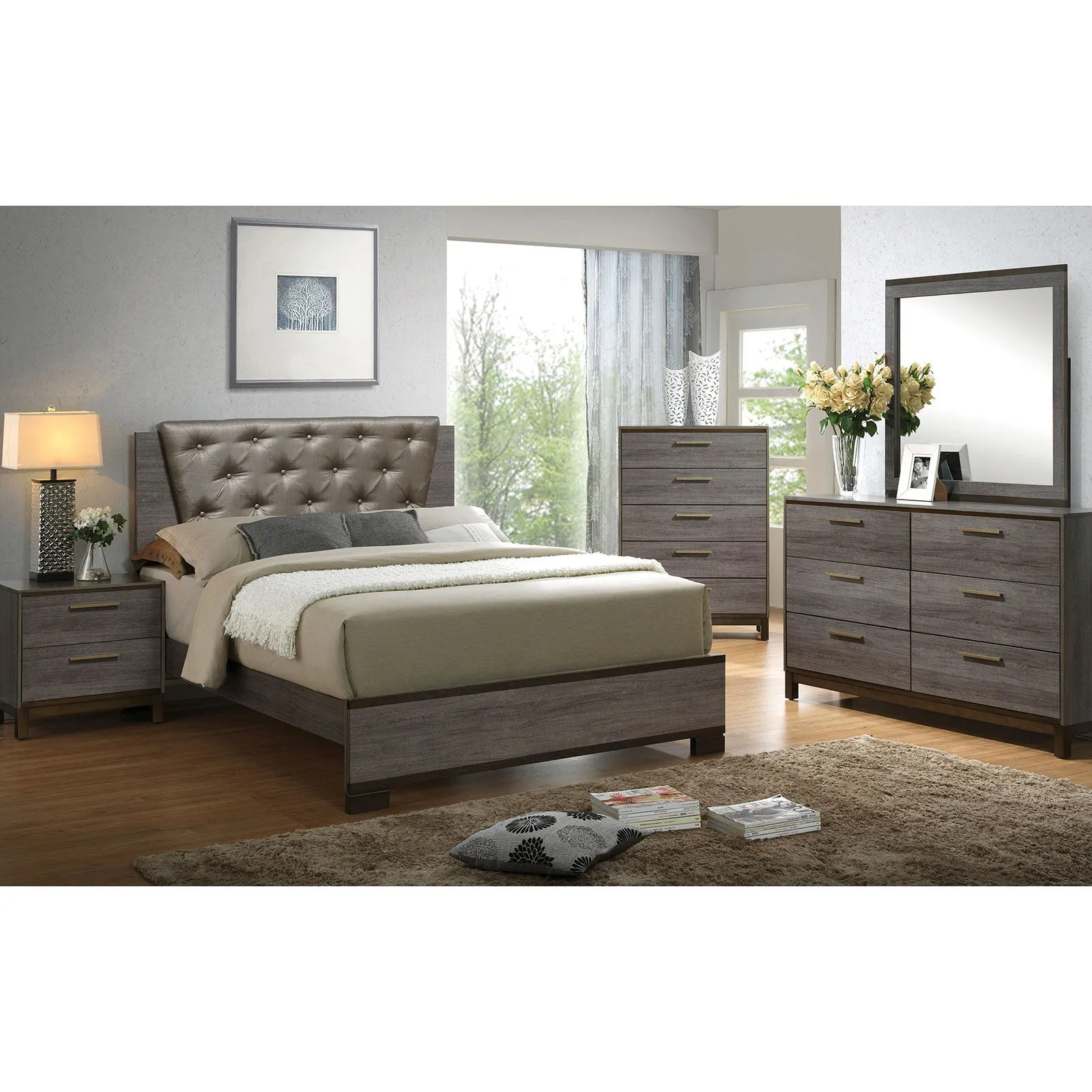 MANVEL Two-Tone Antique Gray 5 Pc. Queen Bedroom Set w/ Chest