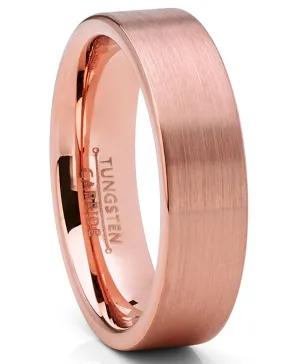 Men's Classic Flat Brushed Tungsten Carbide Wedding Band Rose GoldTone, Comfort Fit 6mm