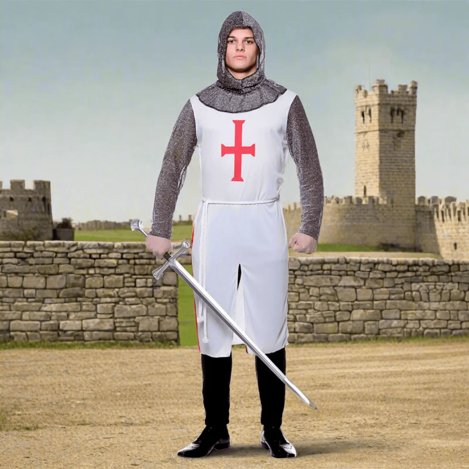 Mens Crusader Knight Costume White Tunic Chain Mail Hood Belt