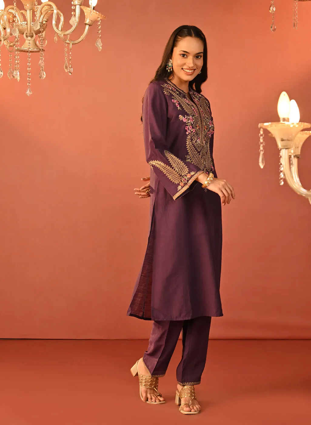 Mohiba Deep Purple Embroidered Co-ord Set for Women