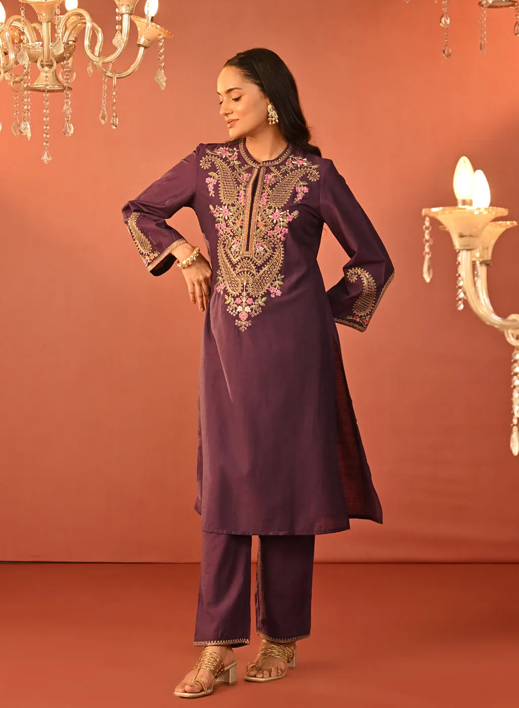 Mohiba Deep Purple Embroidered Co-ord Set for Women