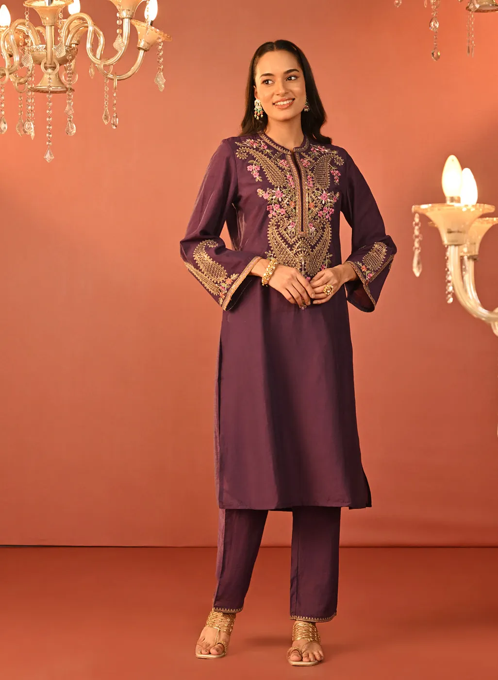 Mohiba Deep Purple Embroidered Co-ord Set for Women