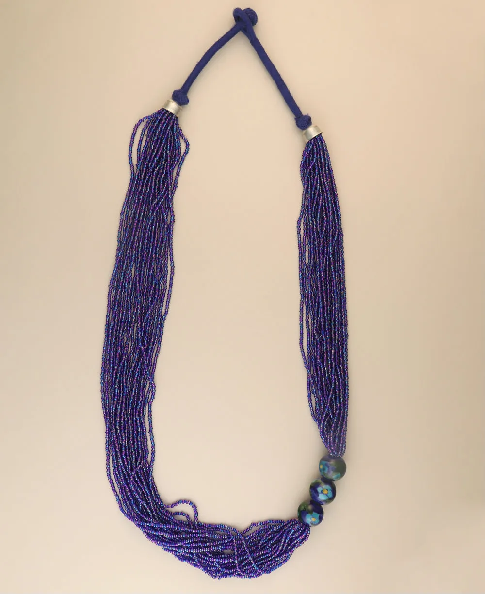 Multi-Strand Blue Glass Bead Necklace with Hand-Painted Ceramic Accents