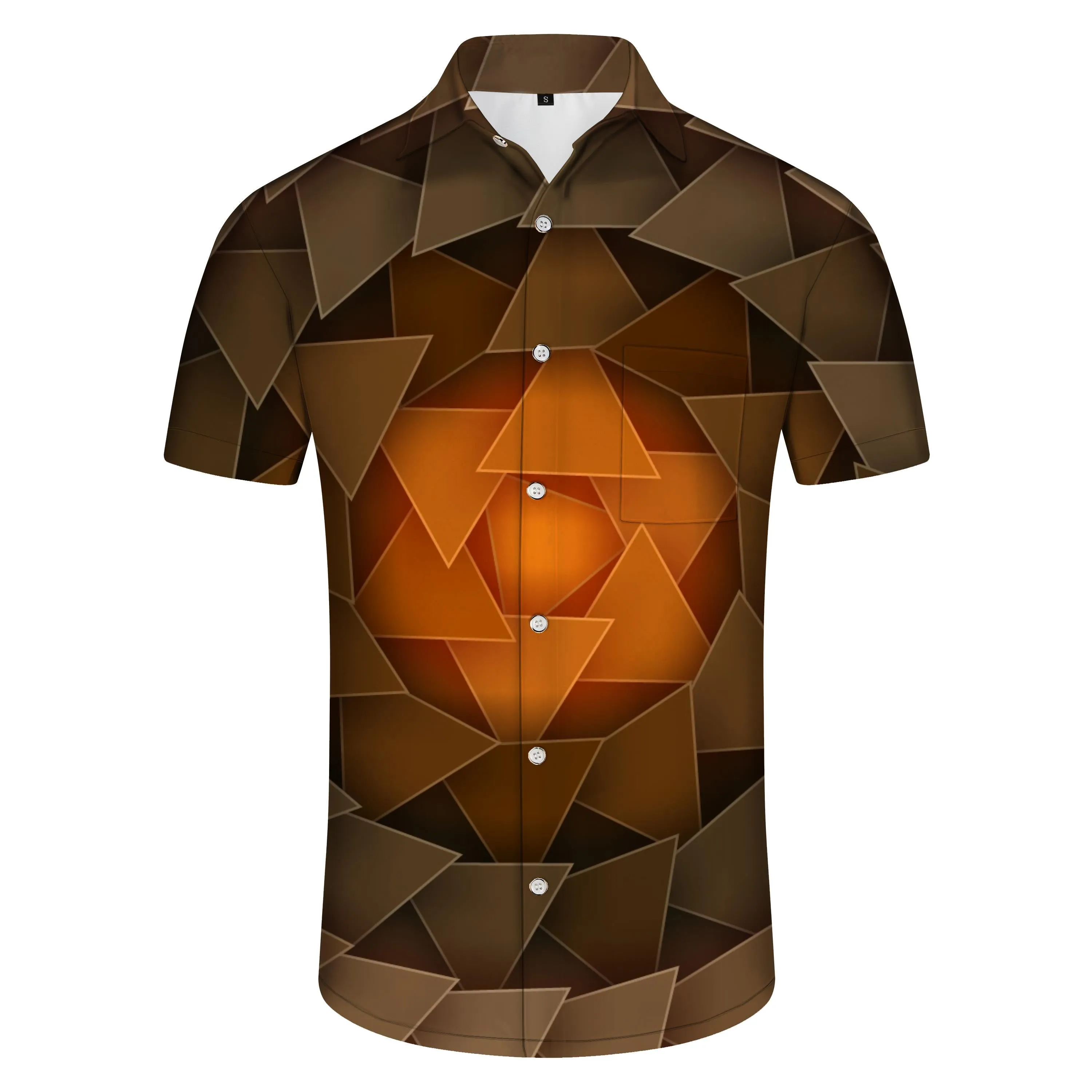 Multi Triangle Lapel Brown Abstract Geometric Hawaiian Button Street Everyday Mens Printed Beachwear Short Sleeve Shirt 3d Digital Printing Pattern