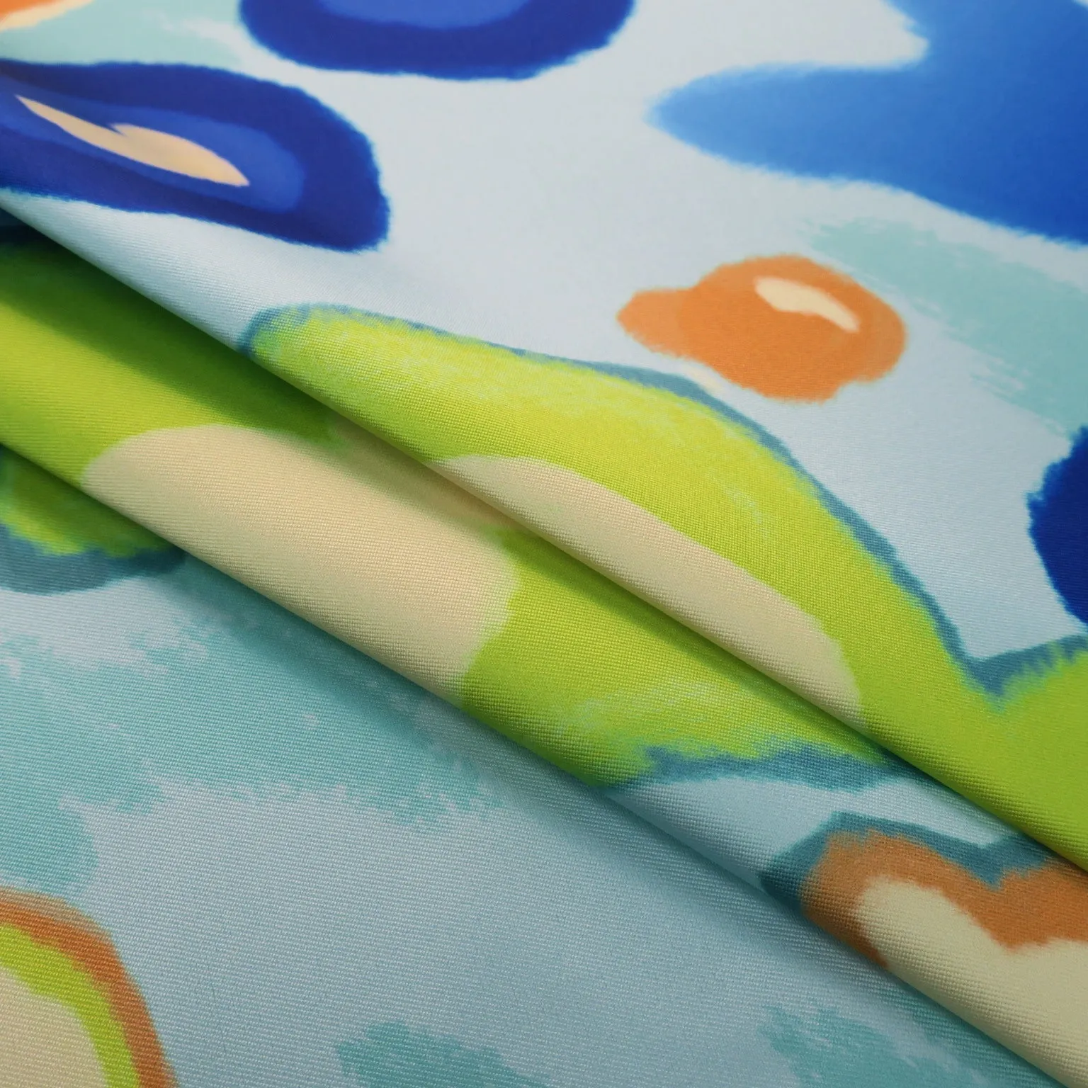 Multicolored Abstract on Blue Printed Polyester Mikado Fabric