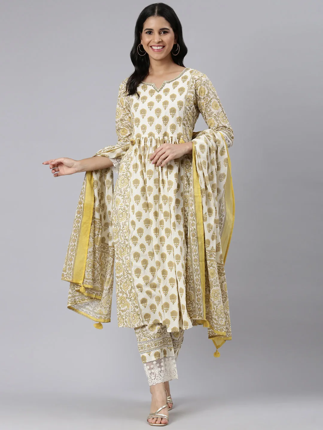 Neerus Brown Pleated Straight Printed Kurta and Trousers With Dupatta