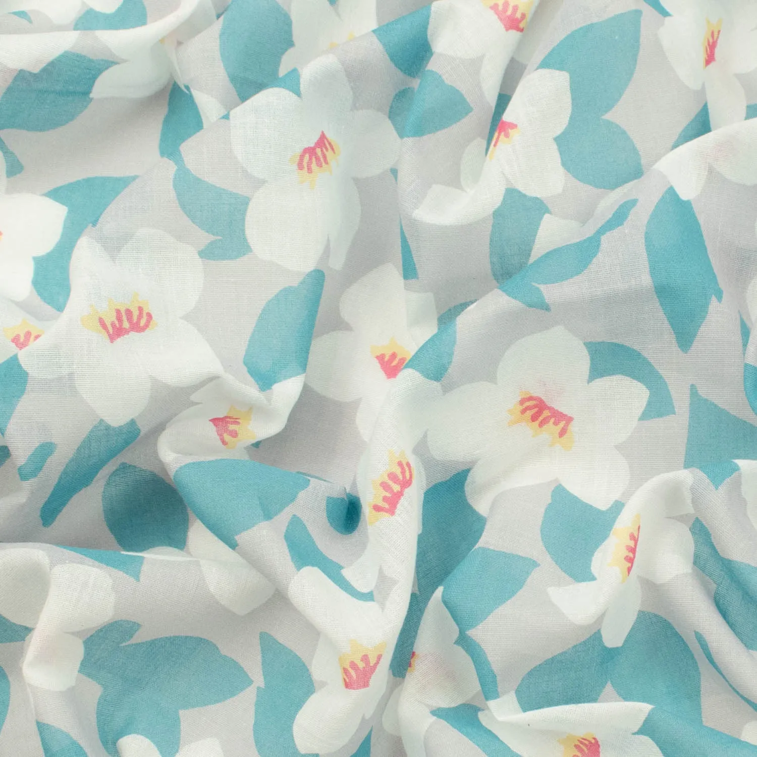 Printed Cotton Voile Design-73 White Flowers & Turquoise Leaves on Grey