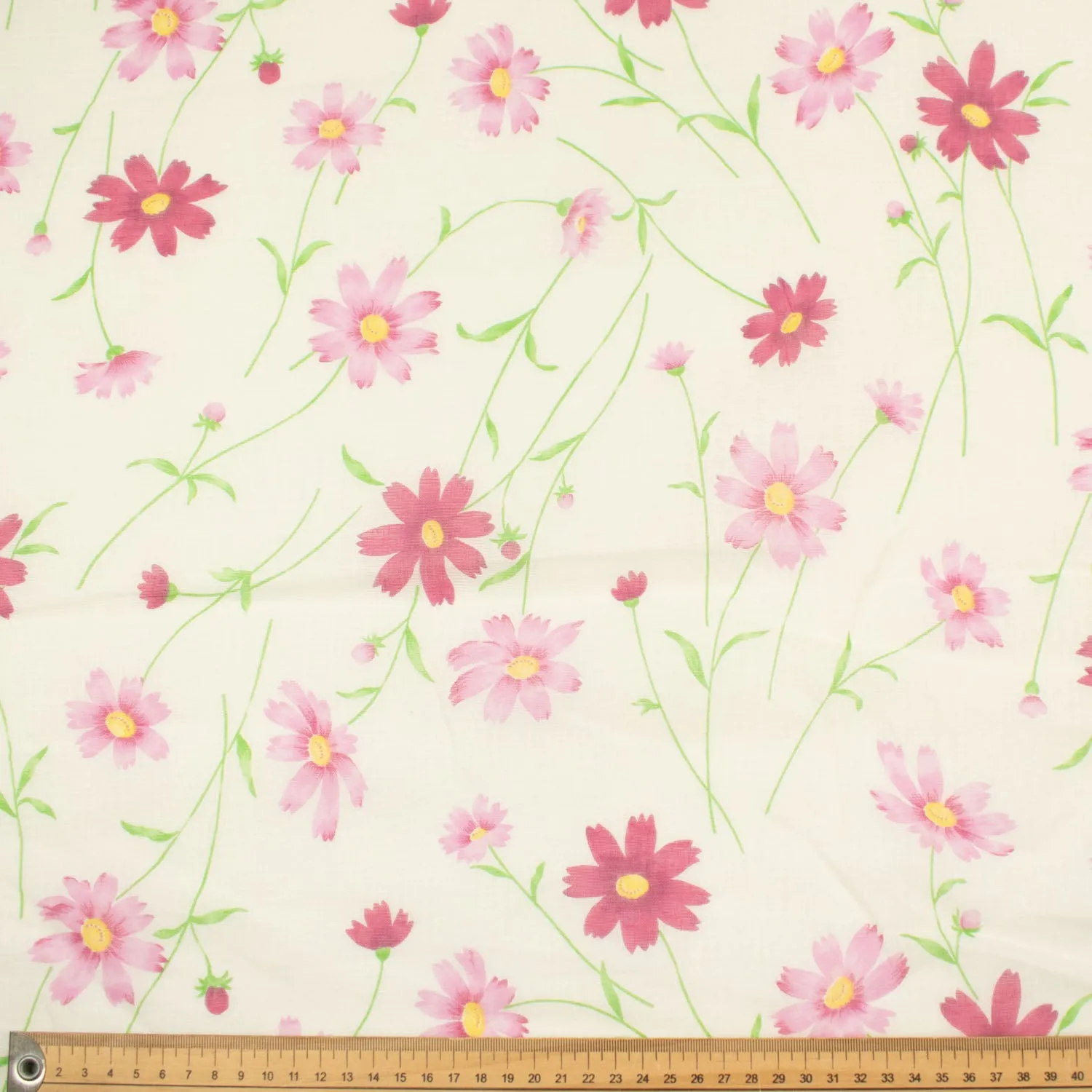 Printed Cotton Voile Design-D1 Pink Flowers on Cream