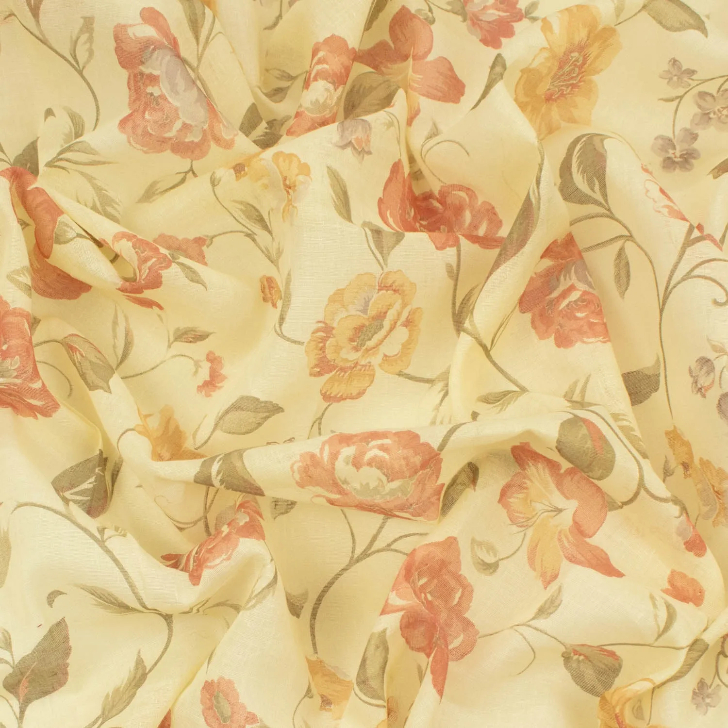 Printed Cotton Voile Design-D5 Orange Flowers on Pale Yellow