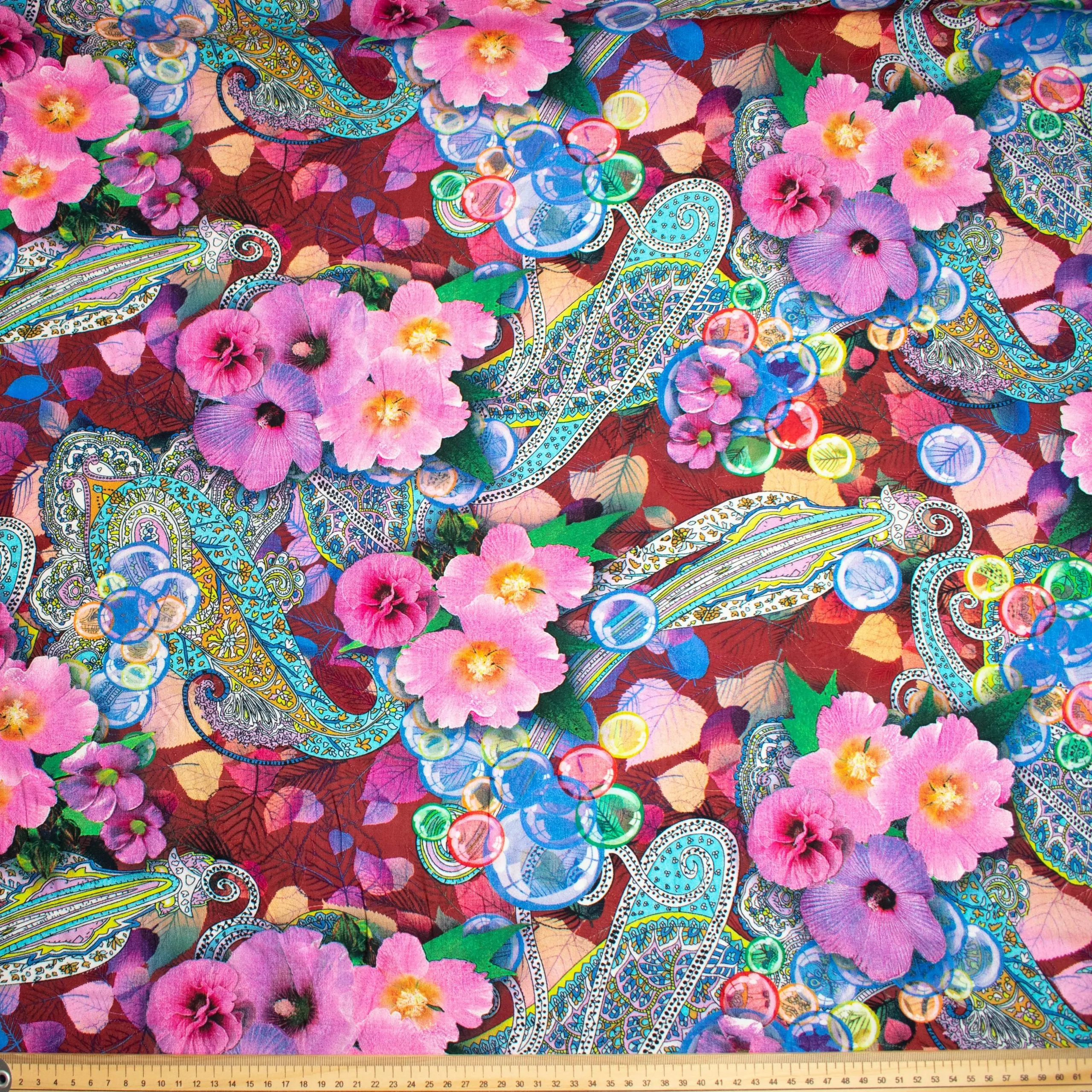 Printed Rayon Design-64 Pink Flowers & Blue Paisley on Maroon