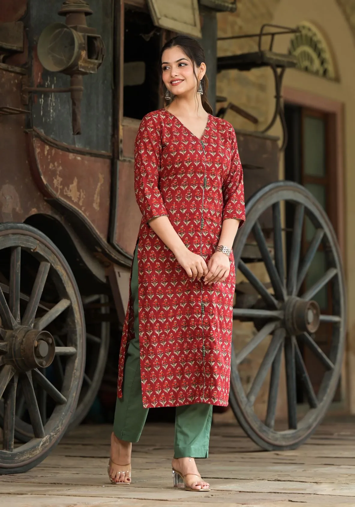 Ruhi Red Hand Block Print Cotton Straight Kurta