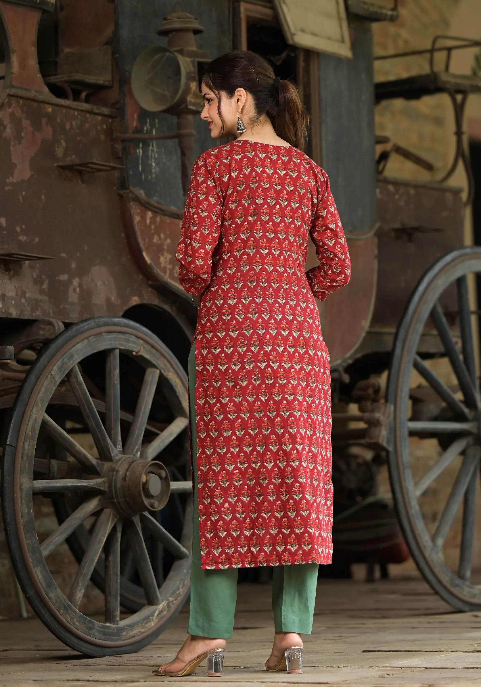 Ruhi Red Hand Block Print Cotton Straight Kurta